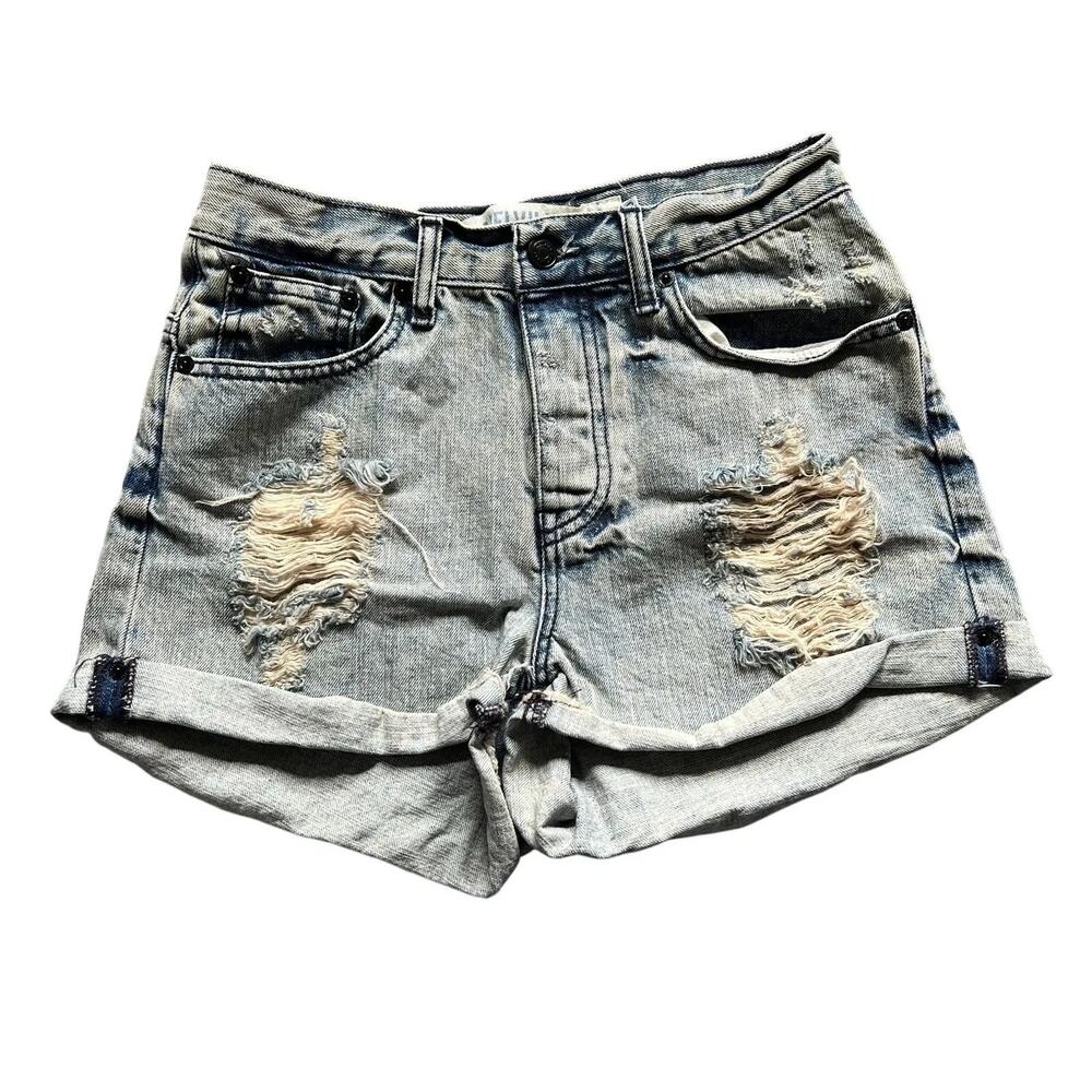 Brandy Melville Shorts Womens 26 Blue Distressed Denim Cut Off Cuffed High Waist